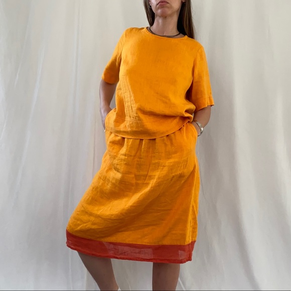 Vintage linen skirt and blouse set by FLAX, canary yellow orange - Picture 4 of 6